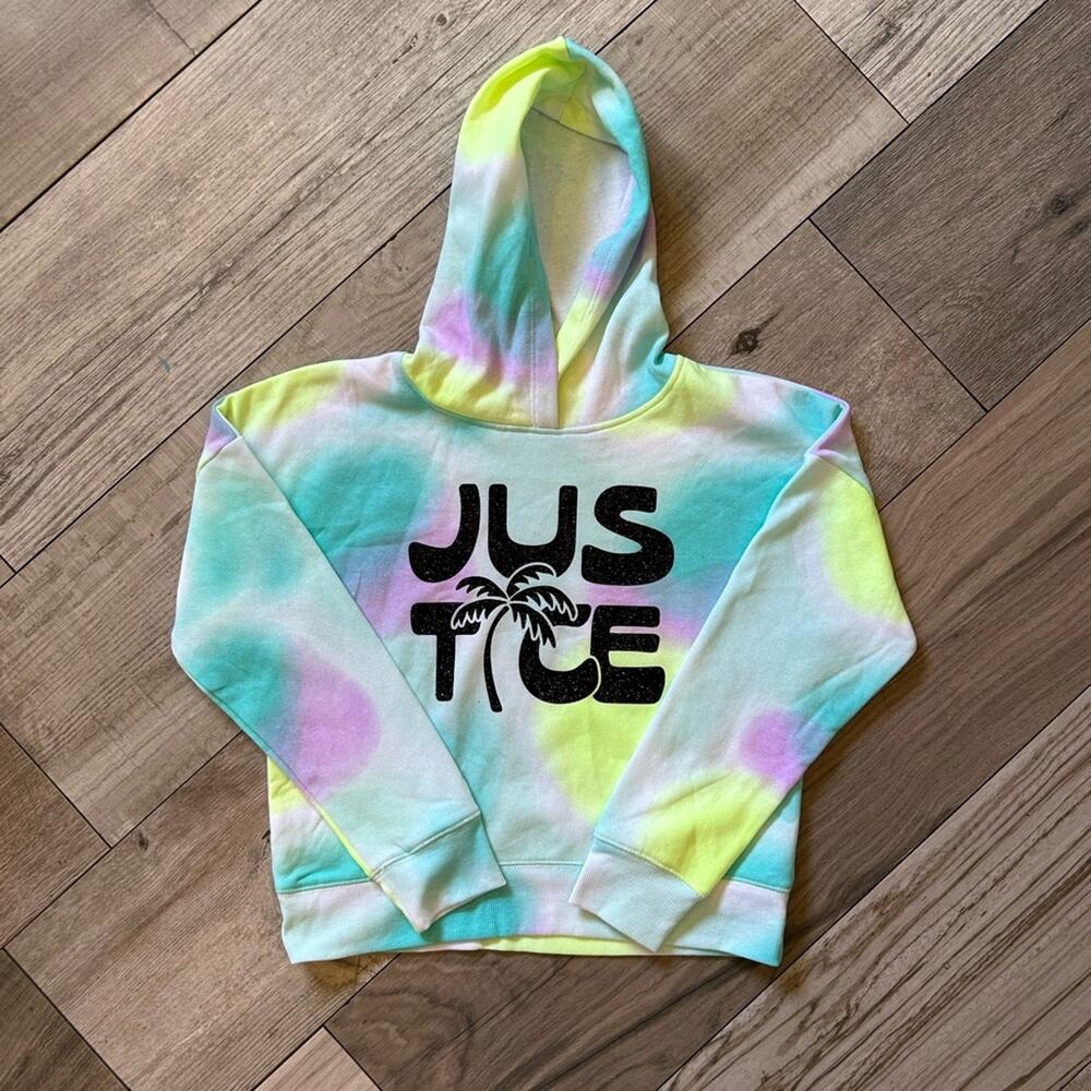 Justice tie dye blue pink yellow palm tree hoodie pullover jacket girls size M